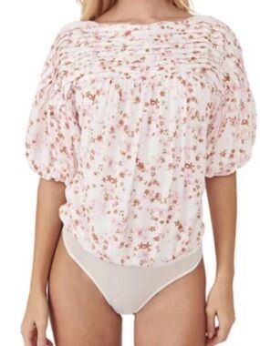 Free People Dessa Ivory Combo Thong Bodysuit LARGE Floral Print Boho Coquette